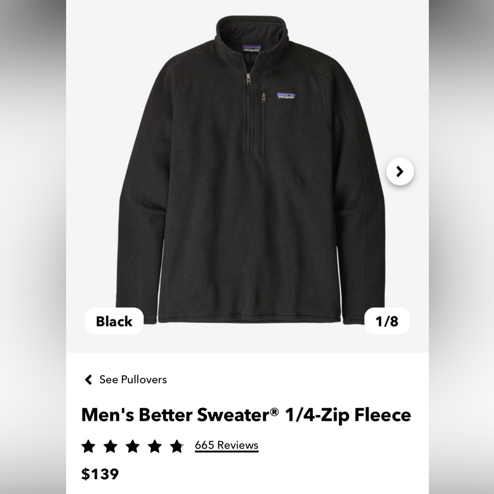 Patagonia men’s better sweater 1/4 zip. Size XL. Black.